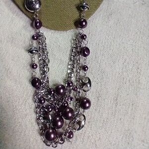 Silvertone purple ribbon purple beaded multi layer necklace